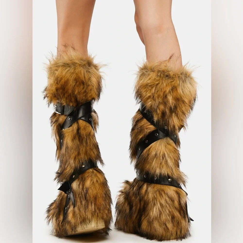 Brown knee high fur platform boots size 6